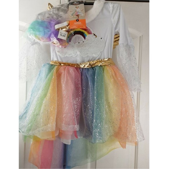 Girls Rainbow Unicorn Halloween Costume Dress with Attached Wings Sm Med Lar NWT - Picture 3 of 5